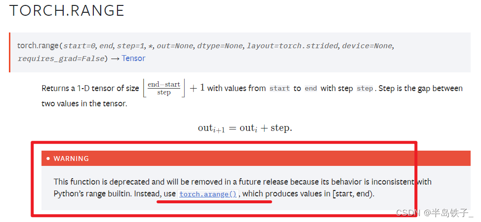 UserWarning: torch.range is deprecated and will be removed in a future ...