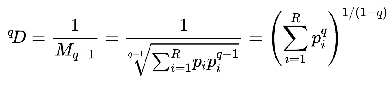 {}^{q}\!D={1 \over M_{q-1}}={1 \over {\sqrt[{q-1}]{\sum _{i=1}^{R}p_{i}p_{i}^{q-1}}}}=\left({\sum _{i=1}^{R}p_{i}^{q}}\right)^{1/(1-q)}