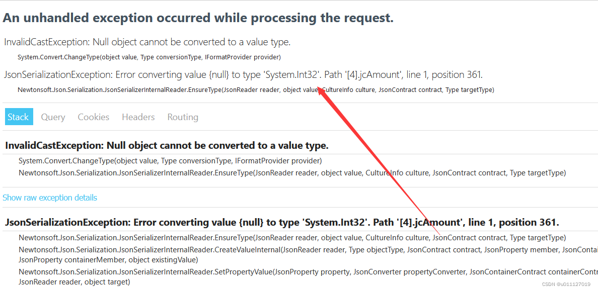 JsonSerializationException Error converting value null to type