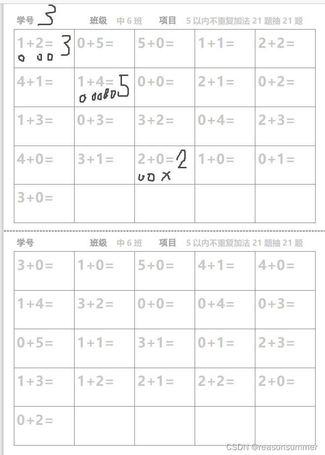 【教学类-30-01】5以内加法题不重复（一页两份）（包含1以内、2以内、3以内、4以内、5以内加法，抽取最大不重复数量）