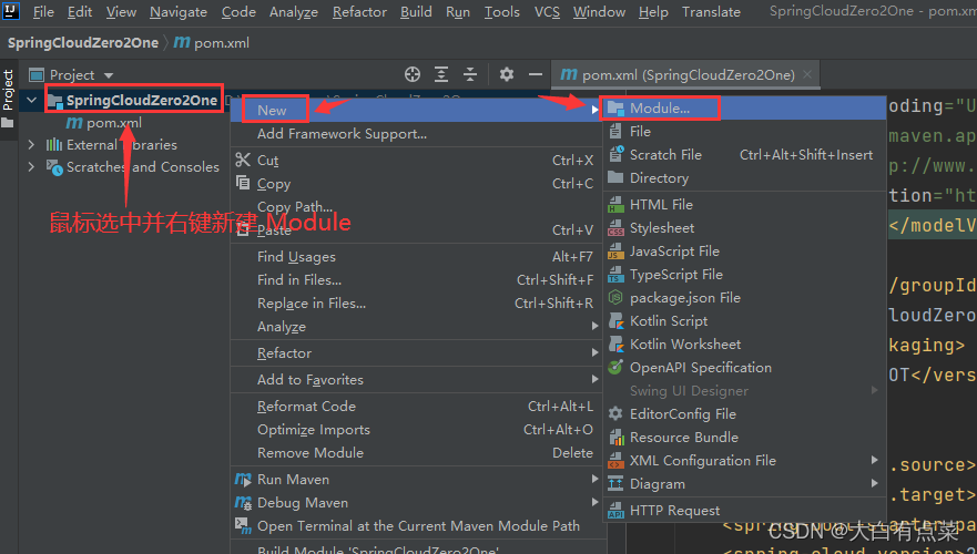 选中“SpringCloudZero2One”项目，鼠标右键，“New” -> “Module” 新建子项目。