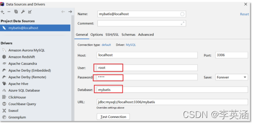 Database:输入你要连接的数据库名称，我创建的是mybaits数据库，所以连接的是mybaits