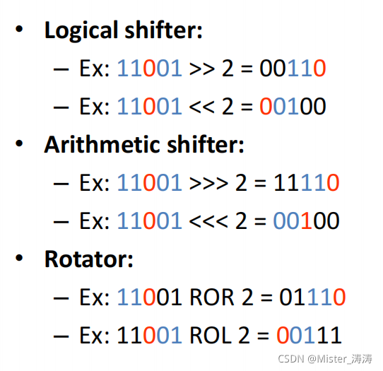 逻辑左移，算数左移，逻辑右移，算术右移 shift  arithmetic shift