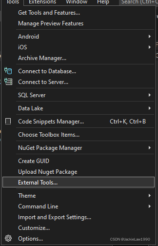 在VisualStudio的Tools菜单栏里点击External Tools