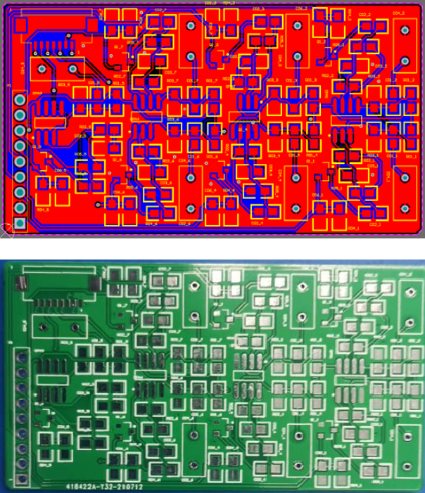 ▲ 图2.18 电磁信号放大版PCB与实物图