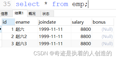 在这里插入图片描述 [插入EMP（ID，ENAME，加入，工资，奖金）值（null，'赵六2'，'1999-11-11'，8800，null）;] 