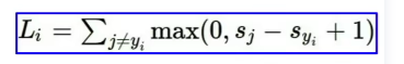 sj为错误类别的预测得分 syi为正确类别的预测得分，‘1’是自由参数，并不影响计算的梯度，最后计算平均值就好