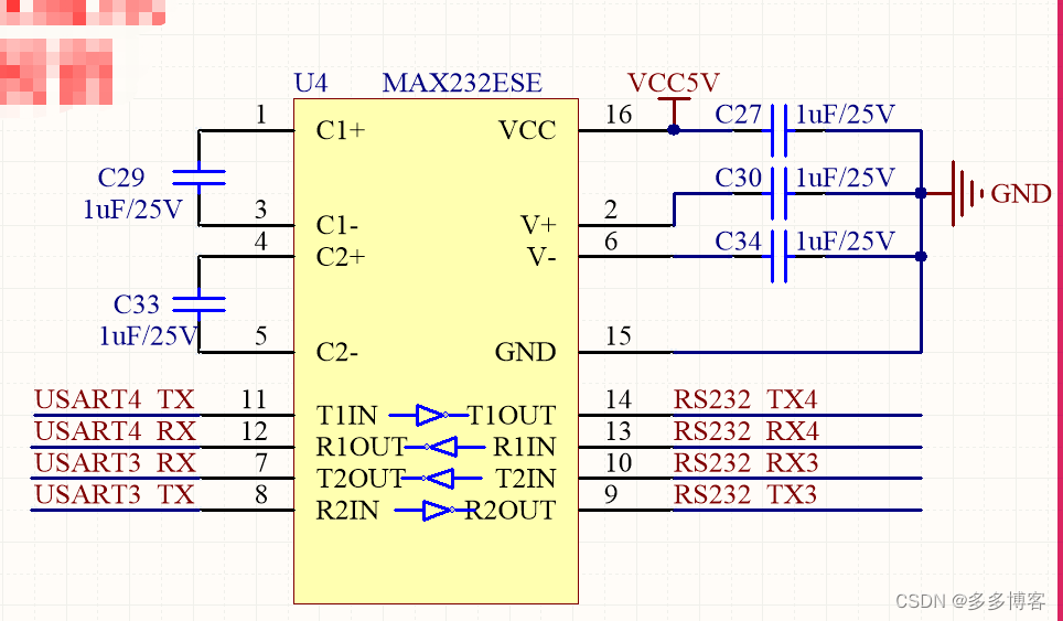 USART3_RX,USART3_TX,USART4_RX,USART4_TX与单片机之间均串联22Ω电阻，其中串口4的解法是正确的，串口3的接法错误，我们的项目刚好用的是串口3