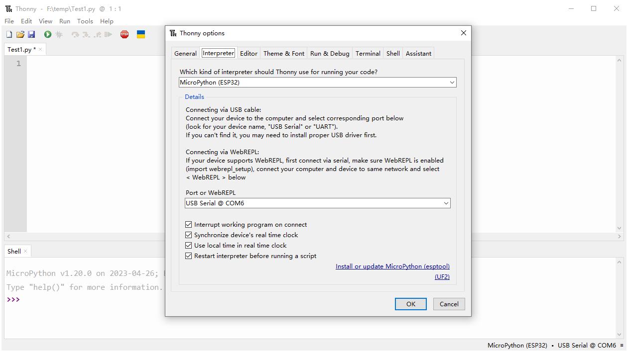 ▲ Figure 1.3.1 Configure Thonny command interpreter and communication port