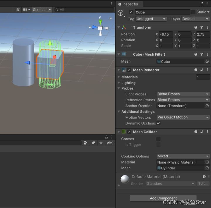 如图，将圆柱的mesh collider粘贴到正方体上