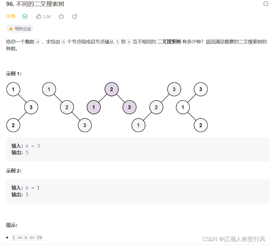 力扣 96. 不同的二叉搜索树