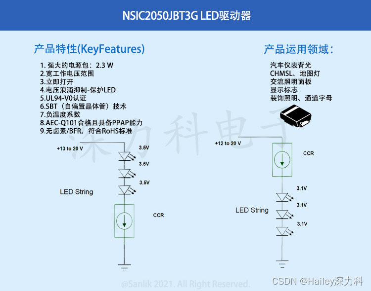 NSIC2050JBT3G 车规级120V 50mA ±15% 用于LED照明的线性恒流调节器(CCR) 增强汽车安全