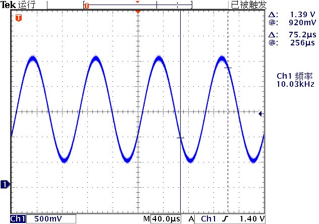 ▲ 图2.2.1 LM358在输入10kHz正弦波输入下的输出电压信号波形