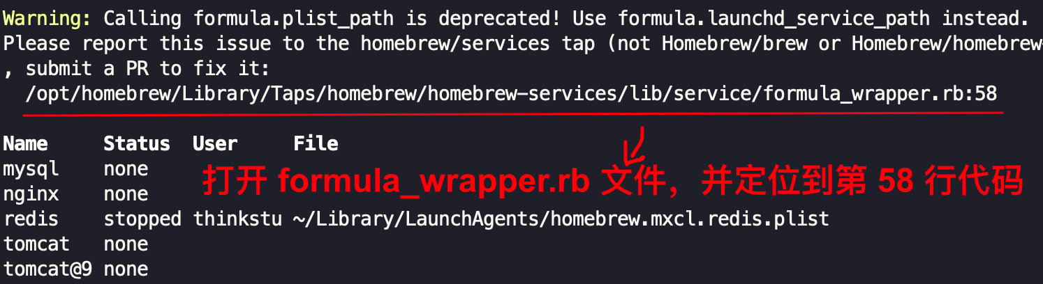 Warning: Calling formula.plist_path is deprecated. Use formula.launchd_service_path instead.