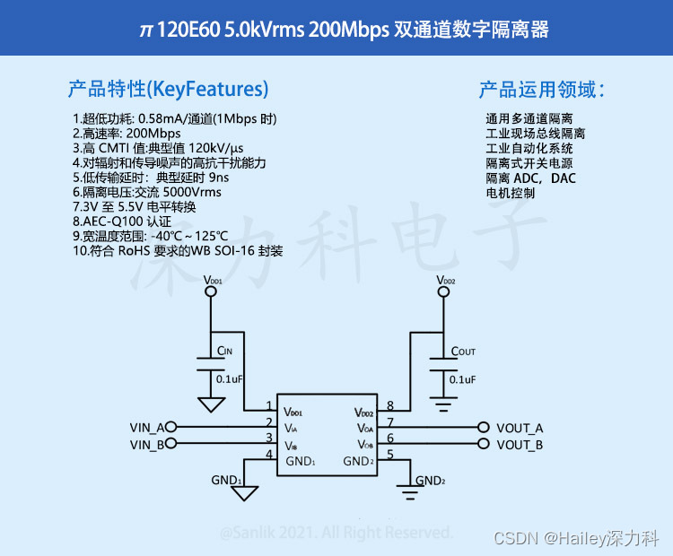 π120E60 双通道数字隔离器 完美代替ISO7820FDW