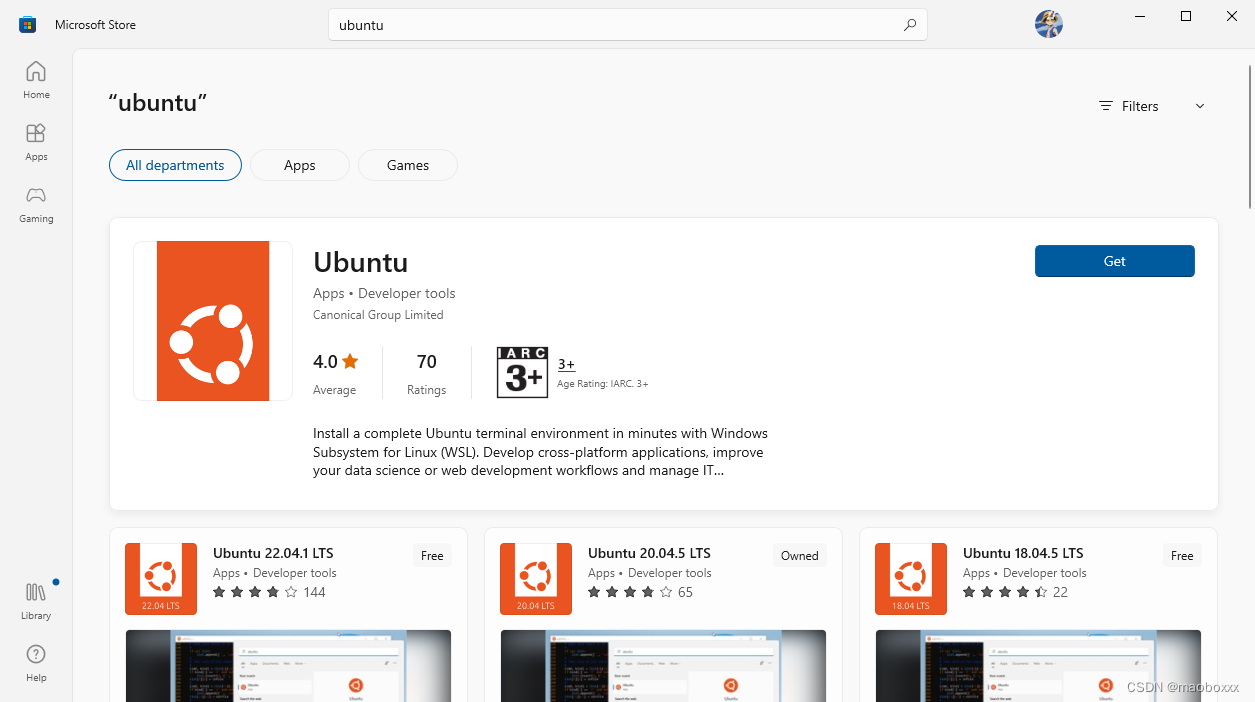 Microsoft Store中安装Ubuntu