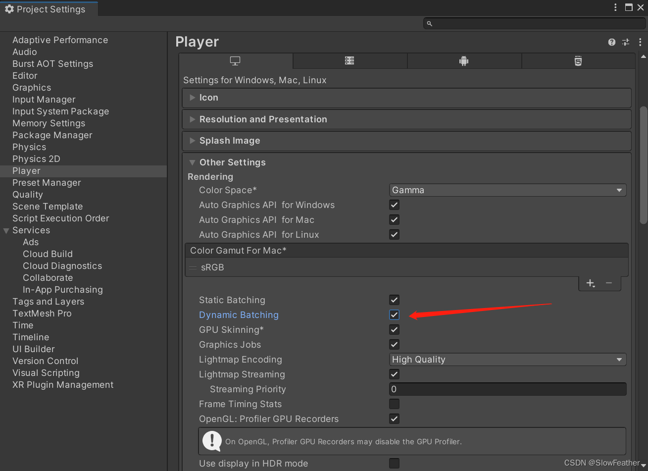 The location of the Dynamic Batching option in the default rendering pipeline