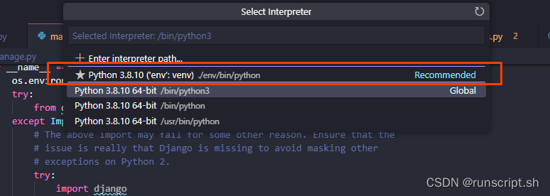 python3在虚拟环境实用vscode调试错误输出ModuleNotFoundError: No module named ‘django‘解决方法