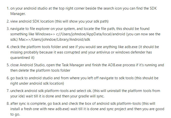 https://stackoverflow.com/questions/39036796/unable-to-locate-adb-using-android-studio#:~:text=%E2%80%9Cunable%20to%20locate%20adb%E2%80%9D%20using%20Android%20Studio%20%5Bduplicate%5D,you%20restart%20android%20studio%20and%20boot%20again..