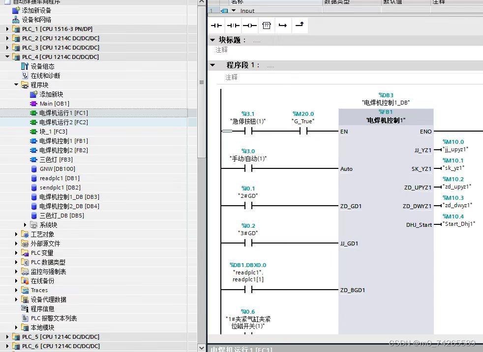 西门子1500PLC博途程序实例，大型程序fanuc机器人汽车焊装自动生产线程序，程序硬件结构包括1台西门子1500PLC程序，2台触摸屏TP1500程序