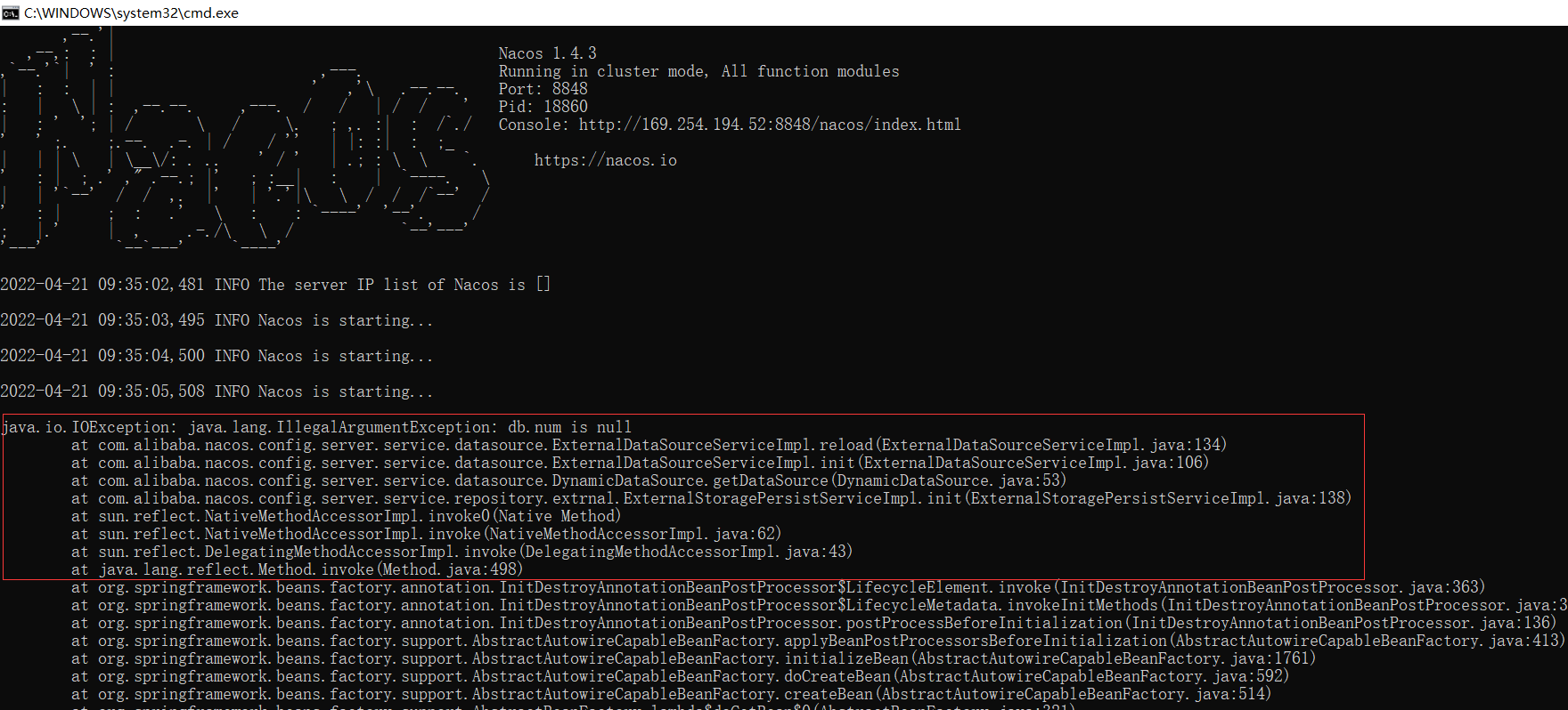 nacos启动报错java.io.IOException java.lang.IllegalArgumentException db