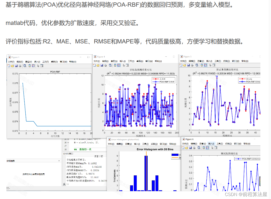 多元回归预测 | Matlab基于鹈鹕算法(POA)优化径向基神经网络(POA-RBF)的数据回归预测，多变量输入模型