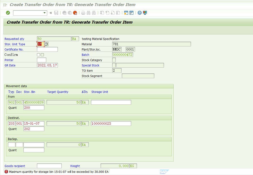 SAP WM中阶Storage Type的Capacity Check Check based on maximum quantity