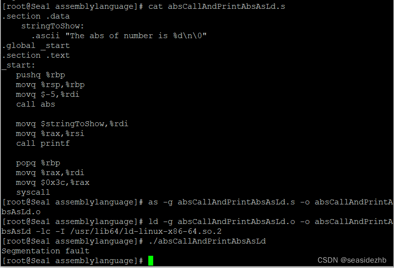 64位AT&T汇编语言as汇编ld链接，执行报错Segmentation fault
