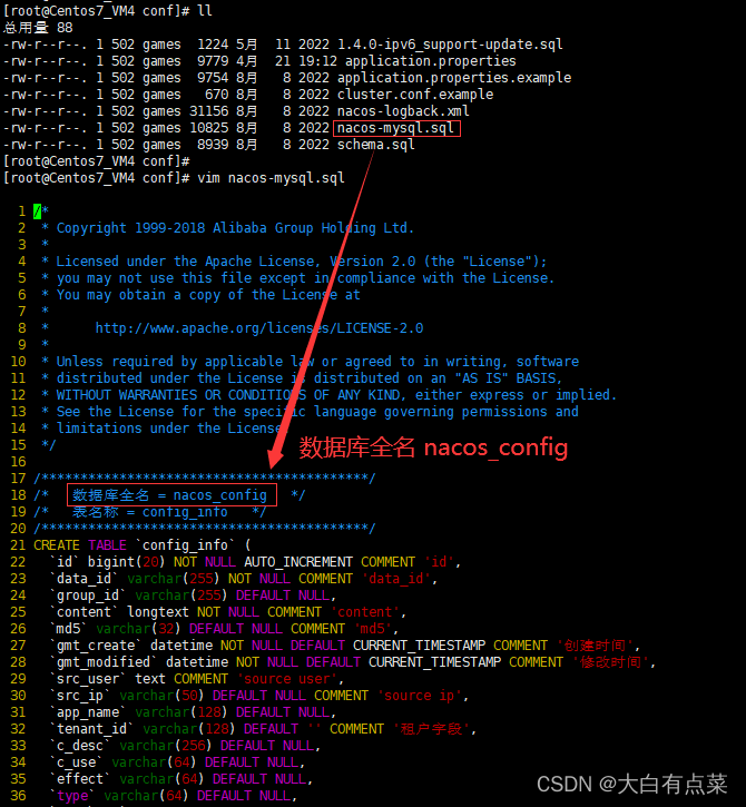 Nacos 的 conf 目录下存在 nacos-mysql.sql 脚本文件，需要我们手动创建 nacos_config 名称的数据库