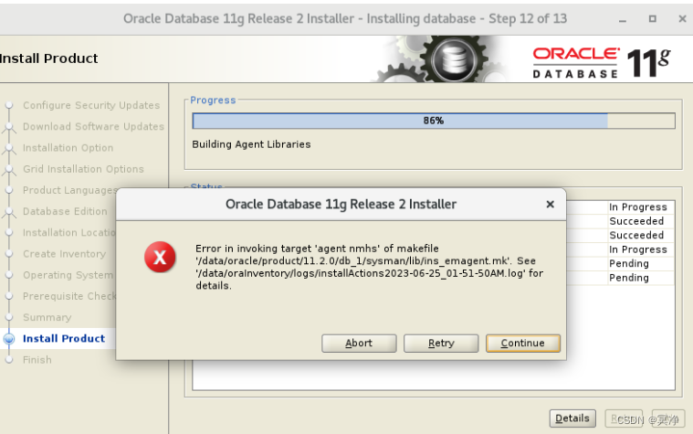 安装Oracle 11g Error in invoking target报错