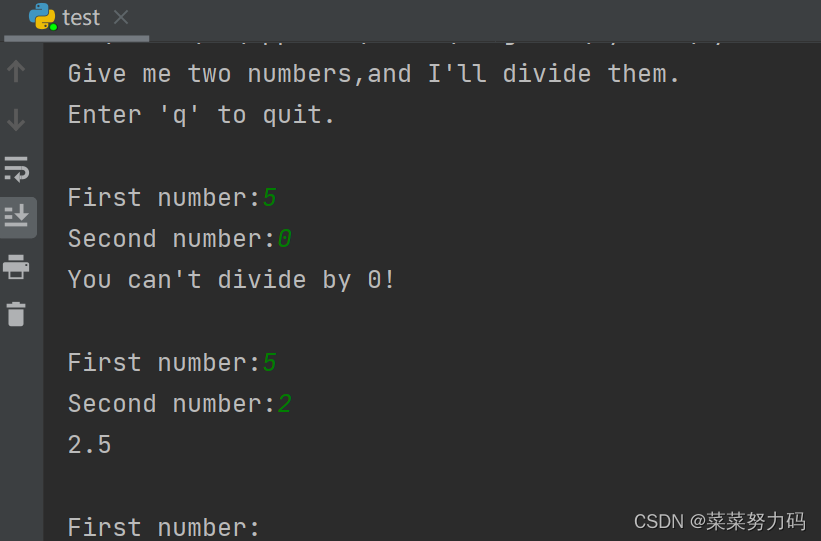 【笔记】python中的异常:处理ZeroDivisionError异常、使用try-except代码块、使用异常避免崩溃、else代码块 ...