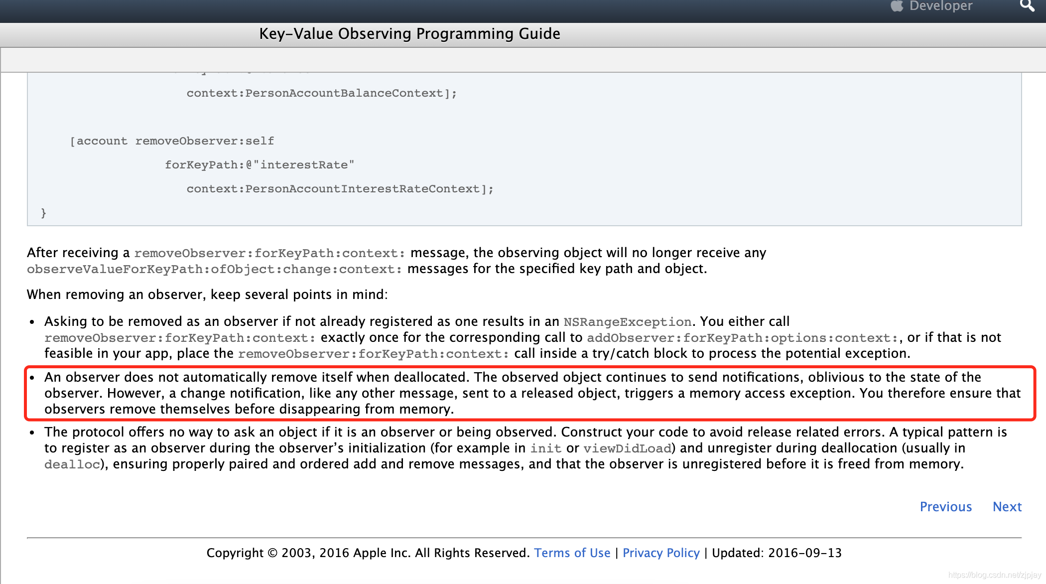 移除观察者，苹果官方解释
