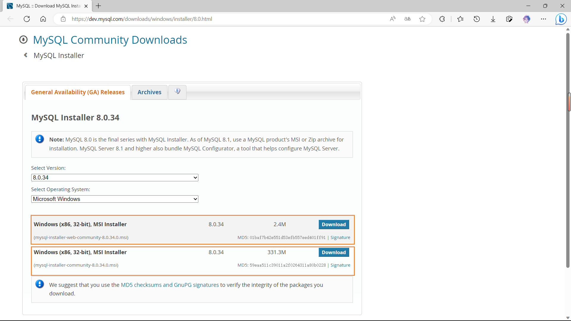 在 General Availability(GA) Releases 中选择适合的版本