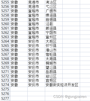 获取全部的地区并生成表格