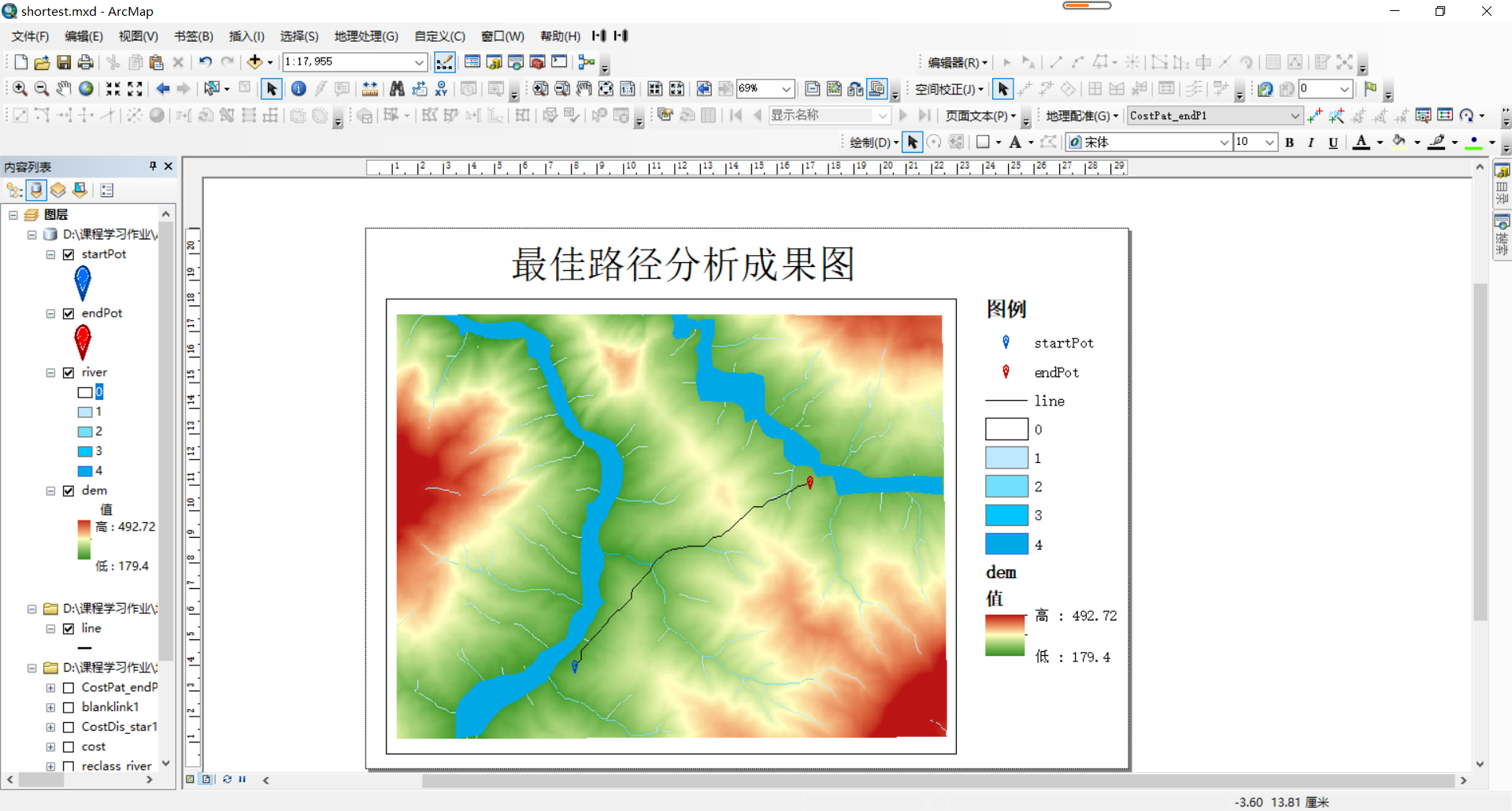 arcgis练习栅格数据分析之寻找最佳路径