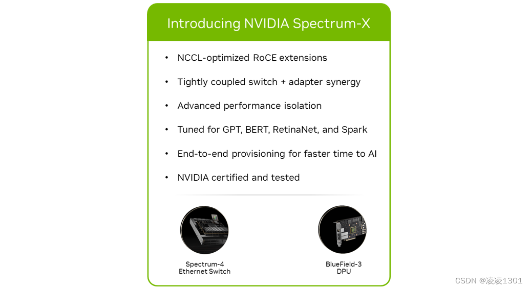 图 1. NVIDIA Spectrum-X 网络平台将 NVIDIA Spectrum-4 以太网交换机与 NVIDIA BlueField-3 DPU 相结合，为 AI 工作负载提供最佳性能