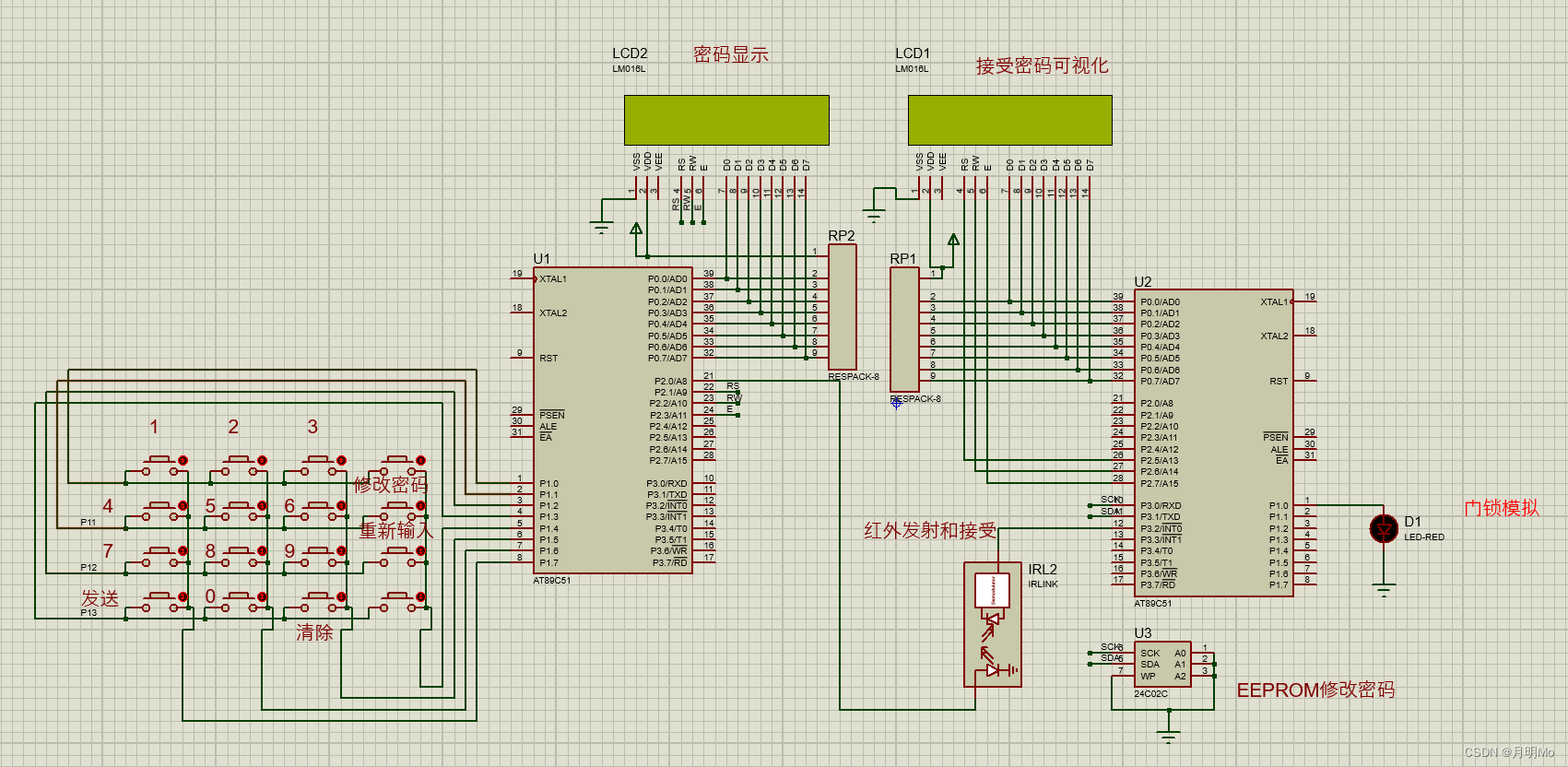 proteus8仿真:51单片机irlink红外密码锁系统(配有密码管理)