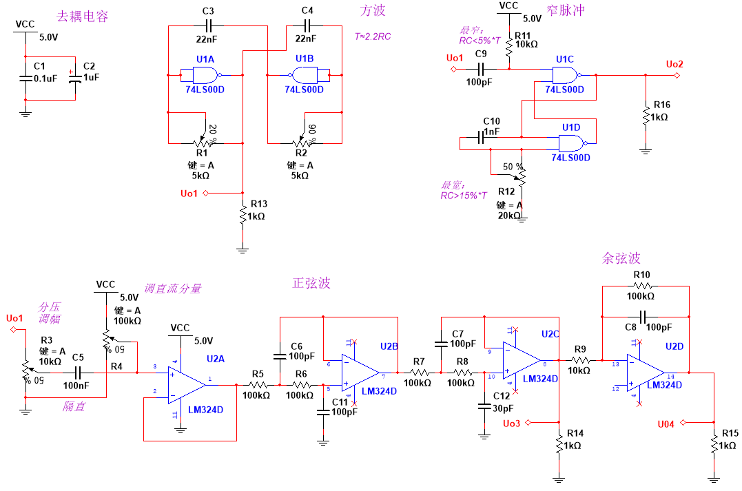 多路信号发生器74ls00和lm324