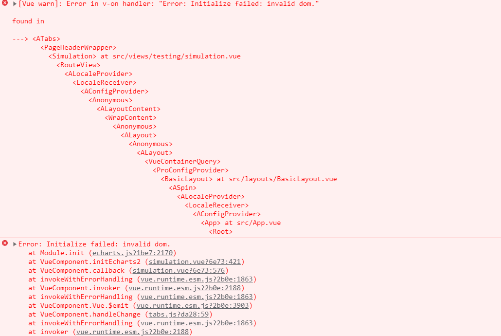 Vue使用echarts报错提示 vue.runtime.esm.js?2b0e:1897 Error: Initialize failed