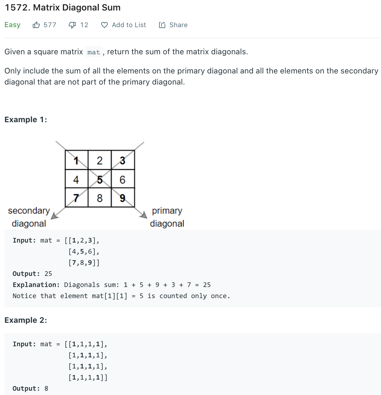 Matrix Diagonal Sum