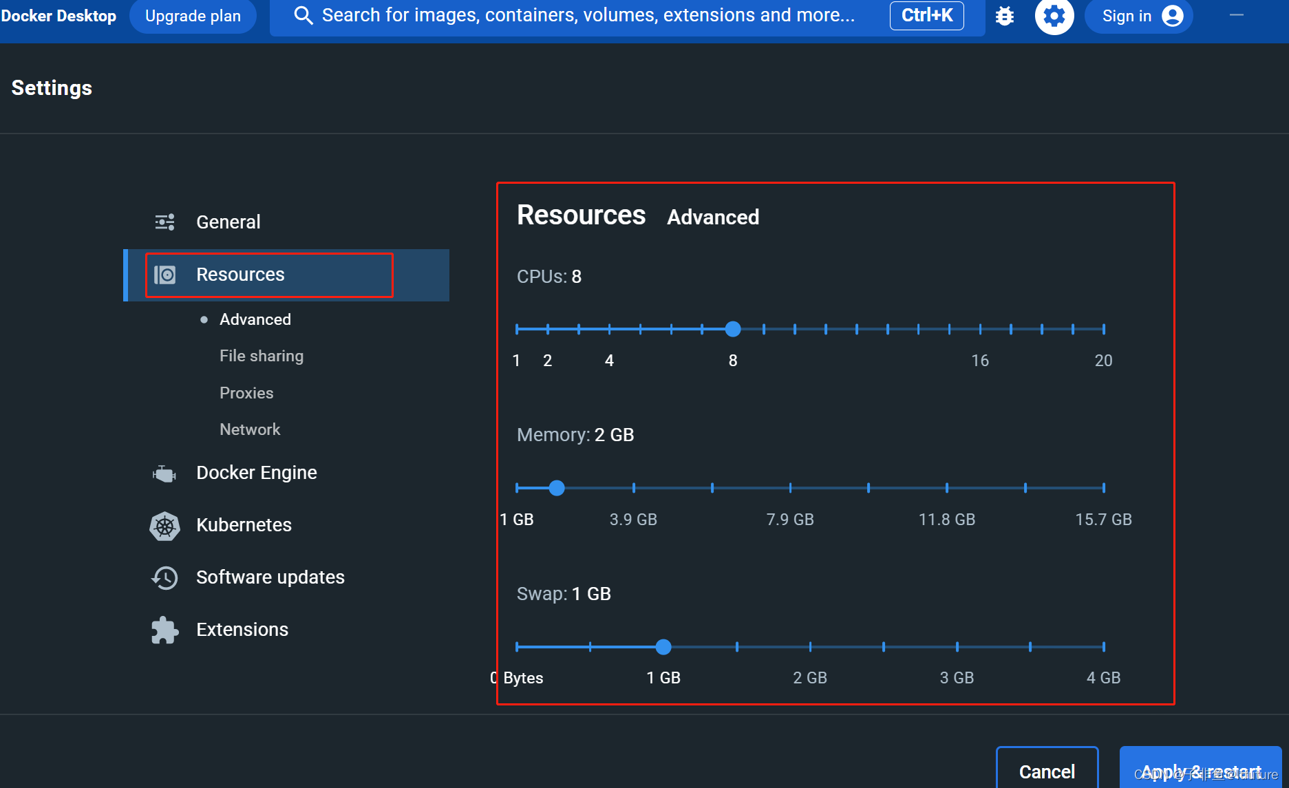 【Docker】Docker Desktop配置资源：cpu、内存等(windows环境下)