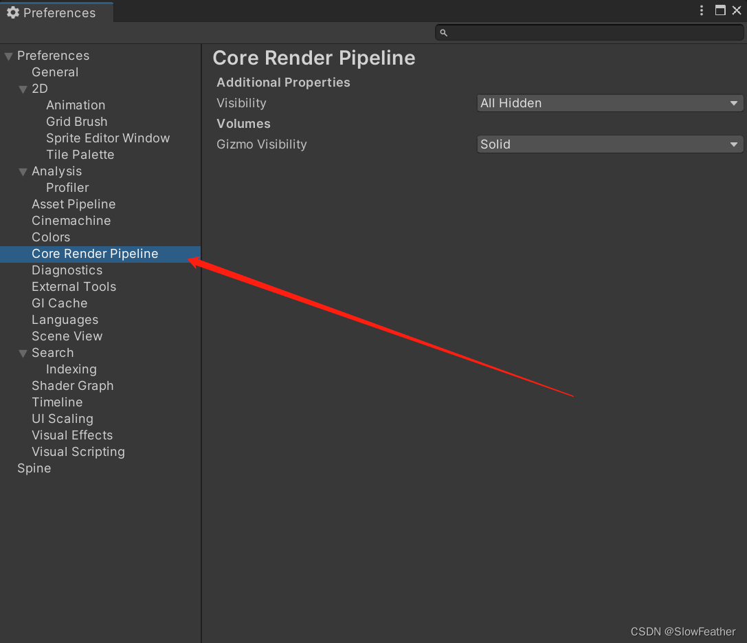Select the Core Render Pipeline tab