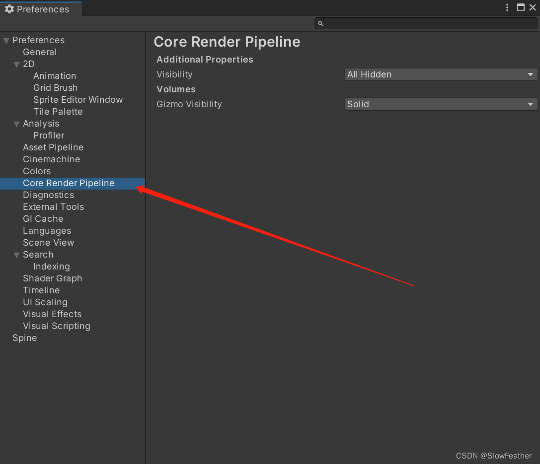 选择 Core Render Pipeline 选项卡