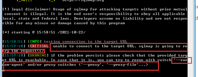 解决sqlmap扫描时报错：unable to connect to the target URL. sqlmap is going to rel try the request