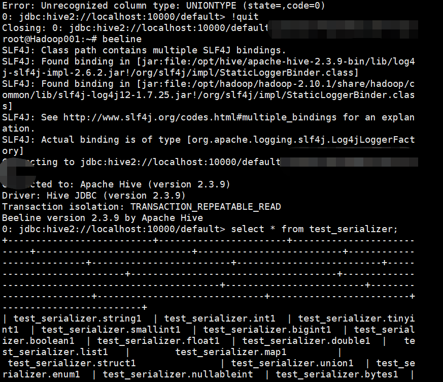 Hive 2.3.9 错误：Error Unrecognized column type UNIONTYPE (state=,code=0