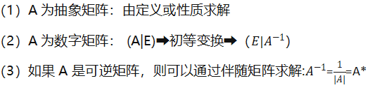 （1）A为抽象矩阵：由定义或性质求解（2）A为数字矩阵： (A|E)➡初等变换➡（）（3）如果A是可逆矩阵，则可以通过伴随矩阵求解:==A*