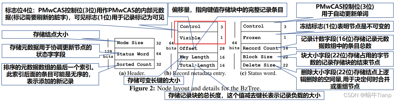 Node layout and details for the BzTree.