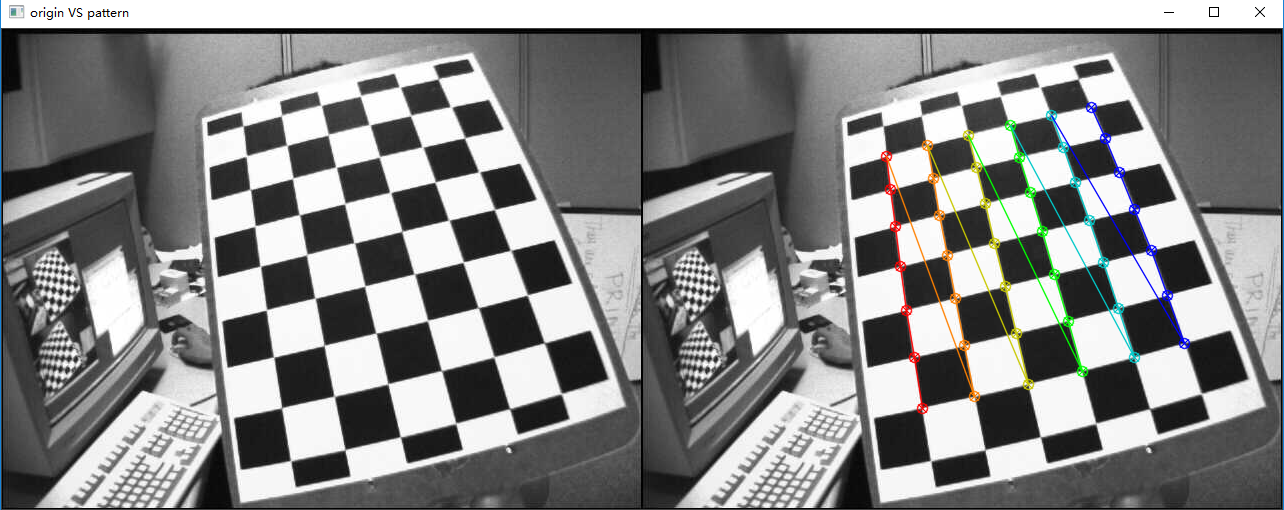 原图 vs 棋盘模式效果图如下:可以看到原图存在失真(径向扭曲,直线会