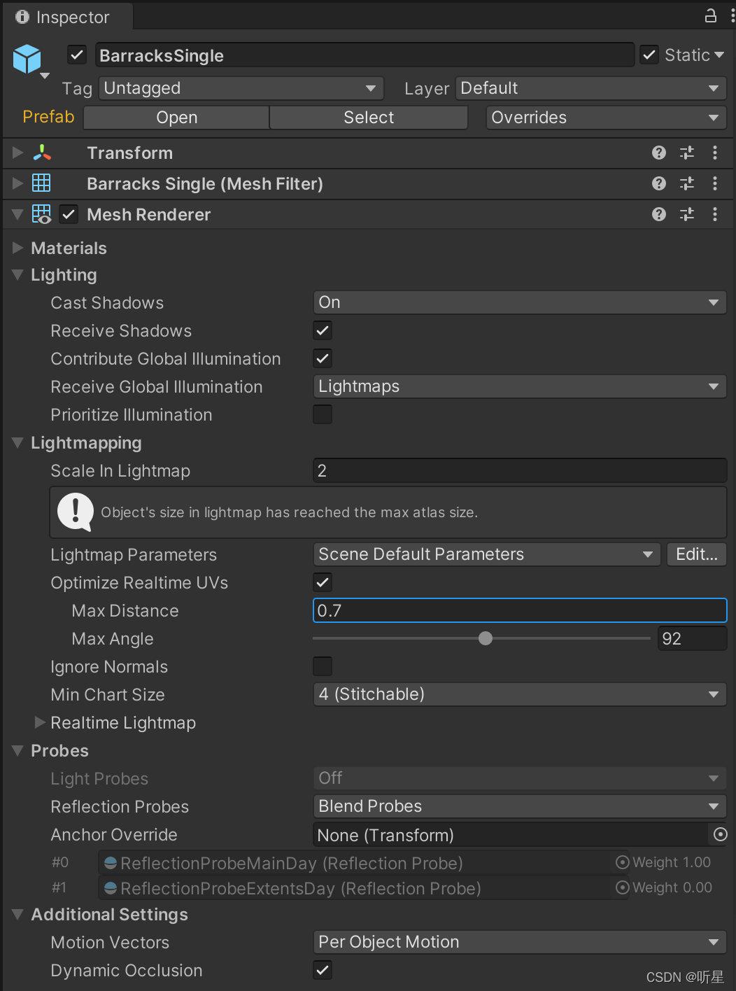 在 Mesh Renderer 组件的 Lightmapping 标题下找到的 Max Distance 设置。